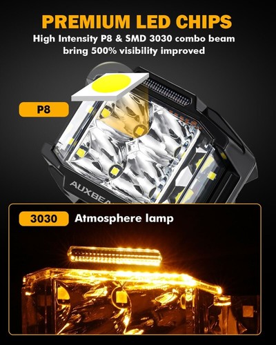 AUXBEAM 4" 92W LED Cube Pods Offroad Driving Fog Lamp w/ Amber DRL Pickup Truck - Picture 3 of 12