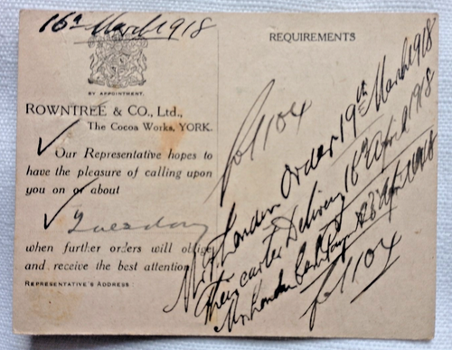 Invitation postcard dated 16th March 1918 from Rowntree & Co Ltd to a ...