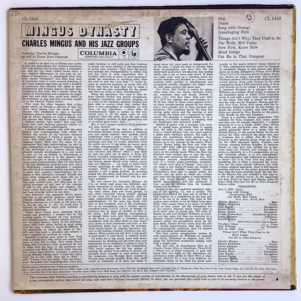 Charles Mingus - Mingus Dynasty Vinyl LP - 1960 - Columbia Six Eye CL 1440 RARE - Image 2 of 4