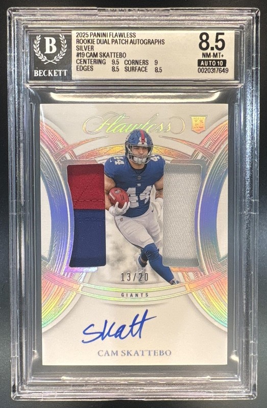 2025 Panini Flawless Cam Skattebo Rookie Dual Patch Silver /20 BGS 8.5/10 Auto