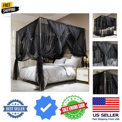 4 Corners Post Canopy Bed Curtain Black- King Size Royal Luxurious Cozy Drape...