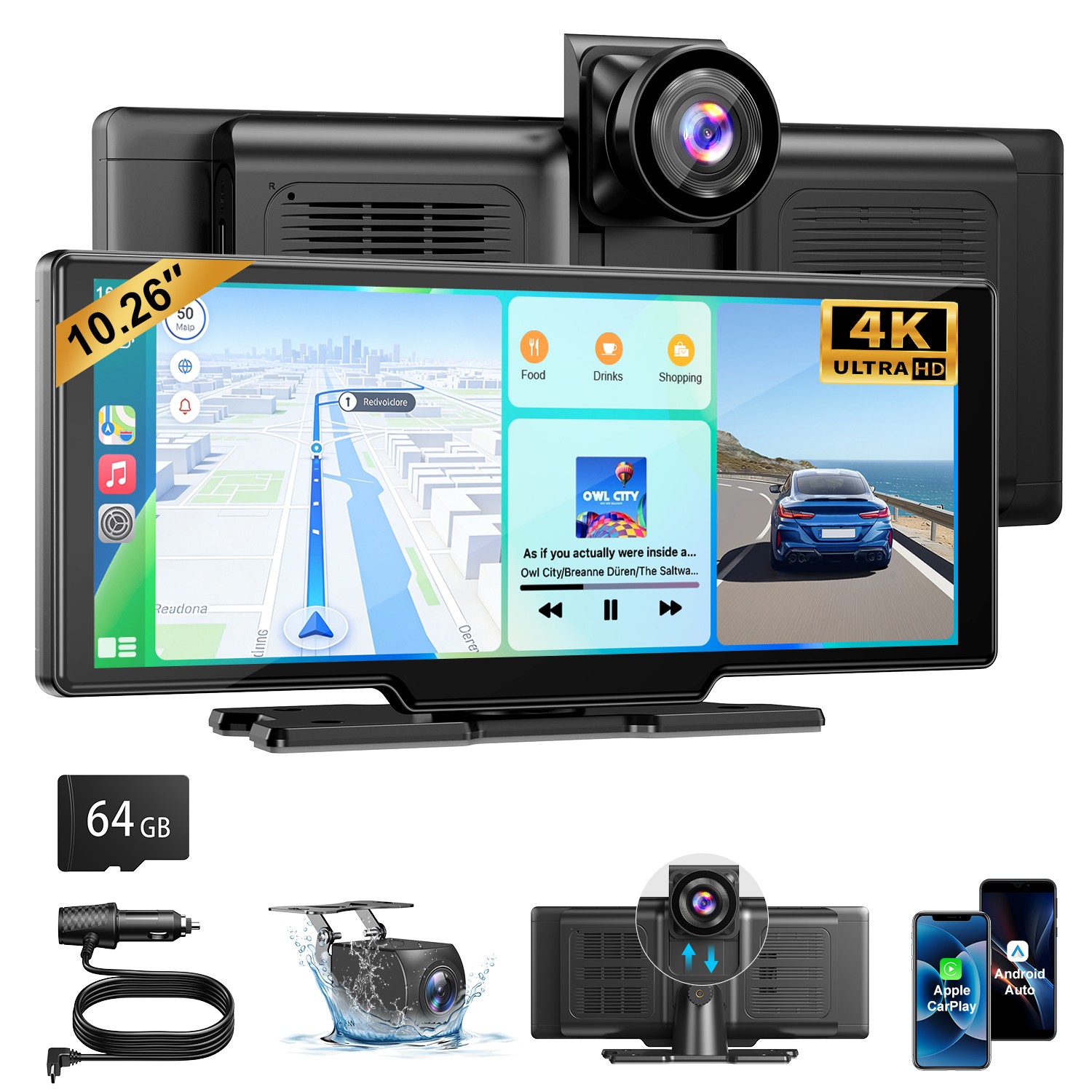 10'' DashCam Carplay Rear View Mirror Dual Video Recorder Reversing Camera W/64G