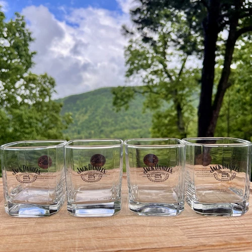 Jack Daniels Old No 7 Square Whiskey Glasses 1914 Gold Medals Set Of 4 Lowball