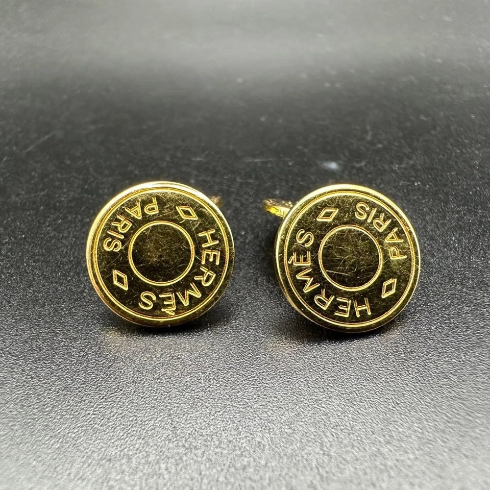 HERMES Manschettenknöpfe Gold Serie rund Kette Knopf Metall mit Box - Bild 3 von 4