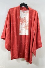 Vintage 80s Silk Haori Kimono Jacket Jacquard Red Made in Japan One Size