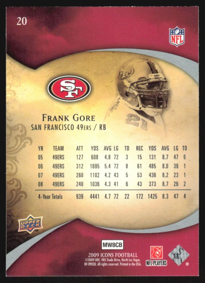 2009 Upper Deck Icons Frank Gore #20 San Francisco 49ers - Image 2 of 2