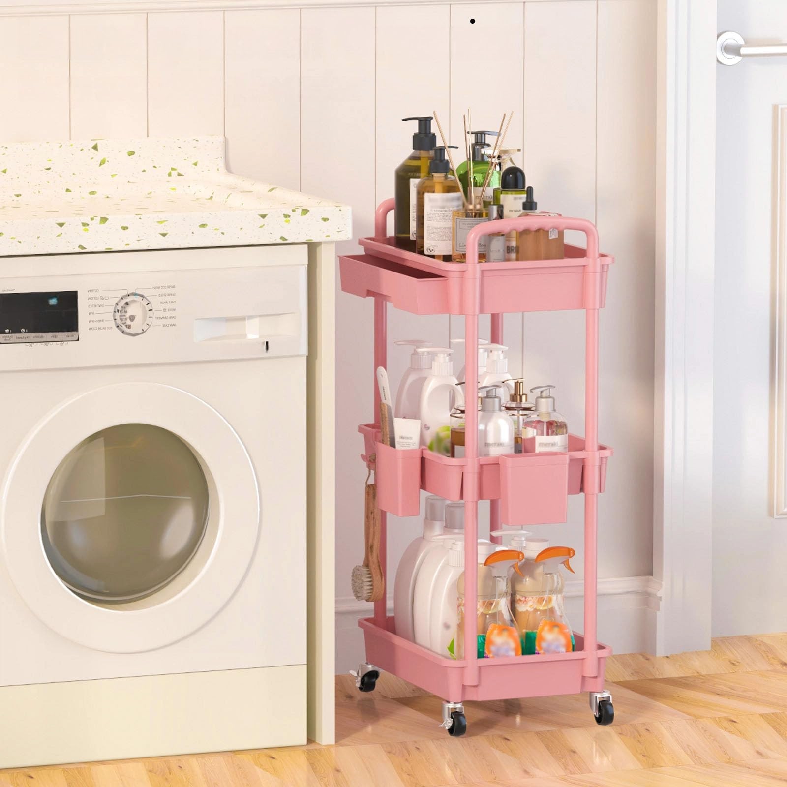 3 Tier Rolling Utility Cart with Drawer Plastic Storage Organizer Carts Wheels