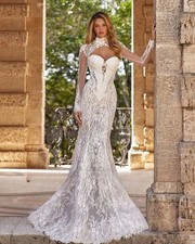 Unique Full Lace Mermaid Wedding Dress With Detachable Long Sleeve Shawl Train