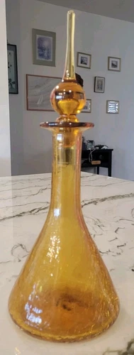 Vtg MCM Blenko Amber Crackle Glass Genie Bottle Decanter W/ Tear Drop Stopper💫