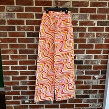 Retro 70's Swirl Print Wide Leg Pants Women's High Rise Bell Bottom Jeans Sm 26