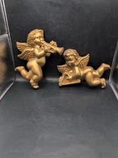 Vintage 1970's Cherub Angels Wall Hanging Decor Trumpet Harp Set Of 2 Gold Paint