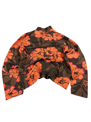 Japanese Floral Crop Top Brown Orange Long Sleeve y2k Boho Blouse Size S/M