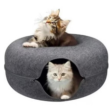 24" Donut Cat Tunnel Bed   Large Felt Cave House with Toys, Multi-Cat Play Tube
