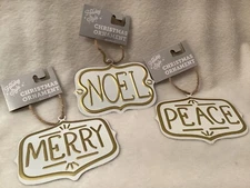 3 Metal Signs Christmas Ornaments ~ 3" x 4" ~ Peace Noel Merry ~ White Gold New