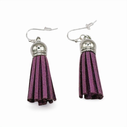 TASSEL EARRINGS, PURPLE LEATHER STYLE TASSELS SILVER HYPOALLERGENIC HARDWARE - Picture 3 of 4