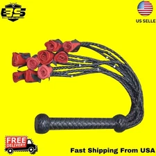 Real Genuine Cow Hide Leather Flogger 9 Braided Falls & Black Roses Heavy Duty