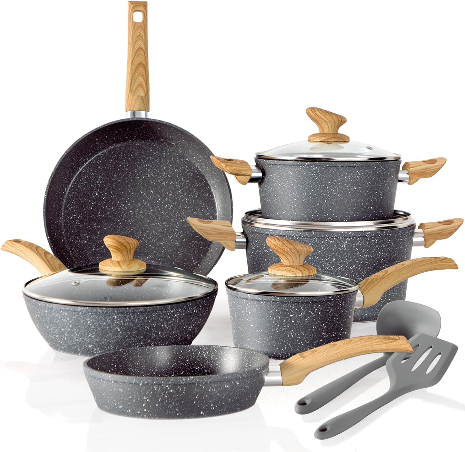 Kitchen Academy Induction Cookware Sets - 12 Piece Gray Cooking Pan Set, Granite