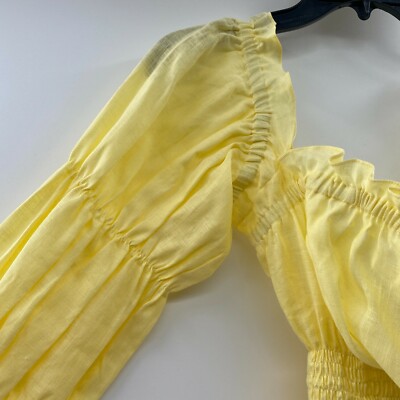 Sleeper Women's Michelin Linen Midi Dress Lemon Yellow Smocked Puff Sleeve  sz L | eBay