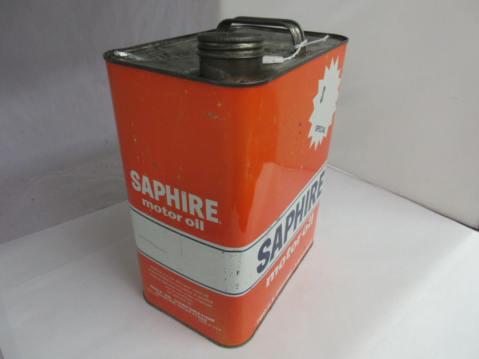 VINTAGE ADVERTISING GULF SAPHIRE MOTOR OIL 2 GALLON CAN TIN GARAGE SHOP ...