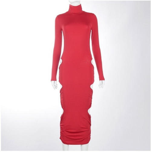 Women Turtleneck Long Sleeve Hollow Out Ruched Backless Maxi Sexy Dress #S33 - 第 1/8 張圖片