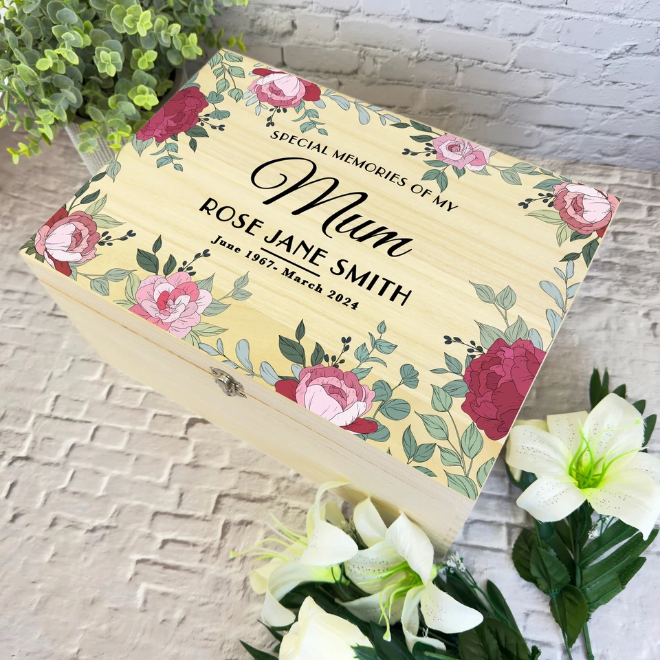 Memories Of Mum Pink Floral Frame Memorial Personalised Wooden Keepsake Box - Image 3 of 4