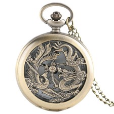 Retro Phoenix Dragon Pattern Analog Quartz Pocket Watch Gifts for Men Women