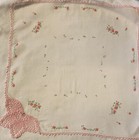 Vintage Hankie Hanky Handkerchief Crocheted Pink Butterfly on Red Flowers