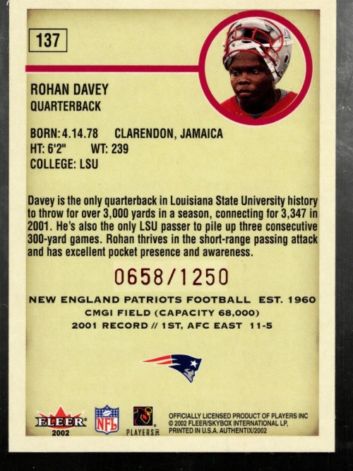 B5109- 2002 Fleer Authentix #137 Rohan Davey RC /1250 - NM-MT - Image 2 of 2