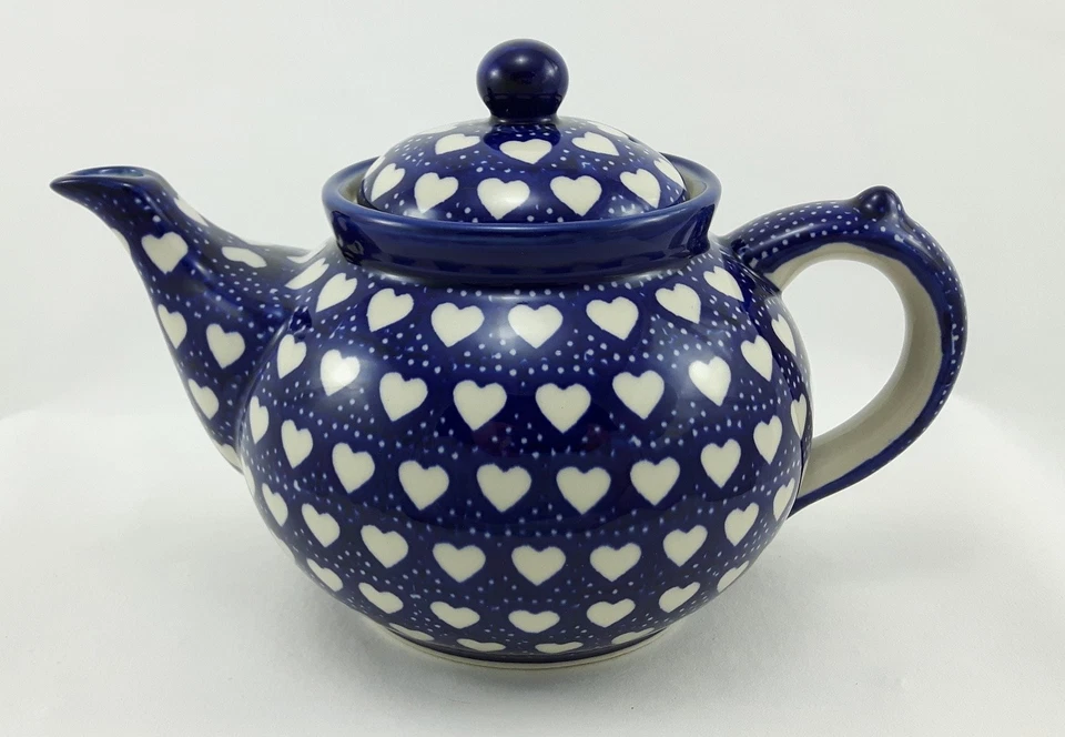 Bunzlauer Keramik Teekanne, Kanne für 1,3Ltr. Tee, Herzen, blau/weiß (C017-SEM) - Bild 2 von 4