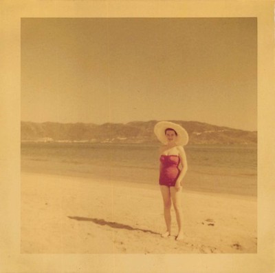 1953 Woman Red One Piece Swimsuit 1950s Photo Mexico Beach Sun Hat Sand Water