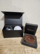 NEW VINASCO AEQUILIBRIUM SPIRIT LIQUOR GLASSES AND WOODEN COASTERS SET PAIR X2
