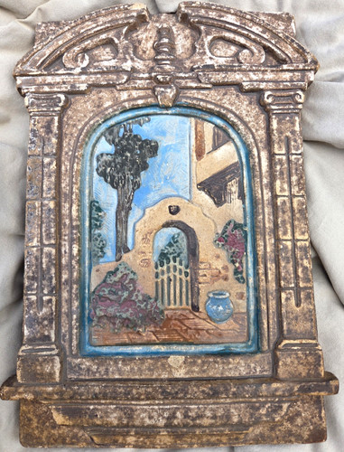 RARE HTF Scenic CLAYCRAFT 8x12 wall plaque MISSION COURTYARD scene