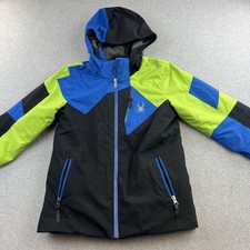 Spyder Ski Jacket Boys 14 Black Blue Green Hooded Snow Coat Winter