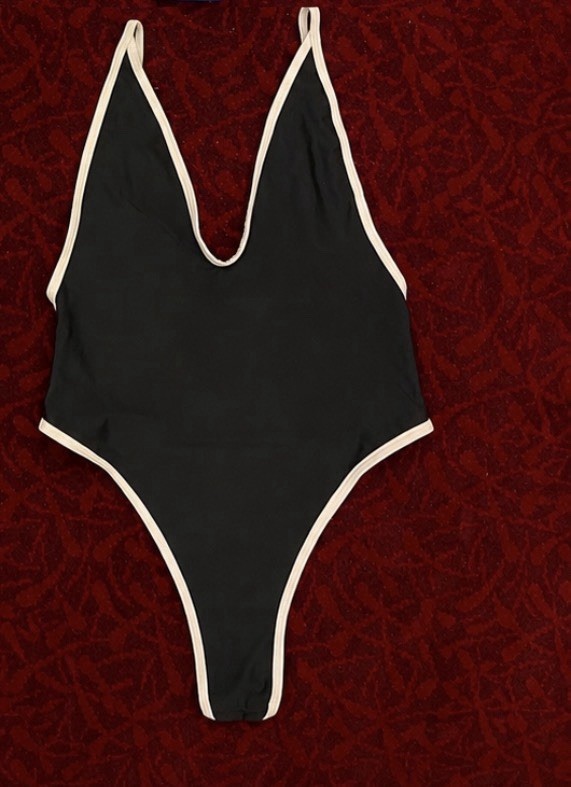 Women’s Black Solid One Piece Swimsuit, White Trim Spaghetti Straps, Regular