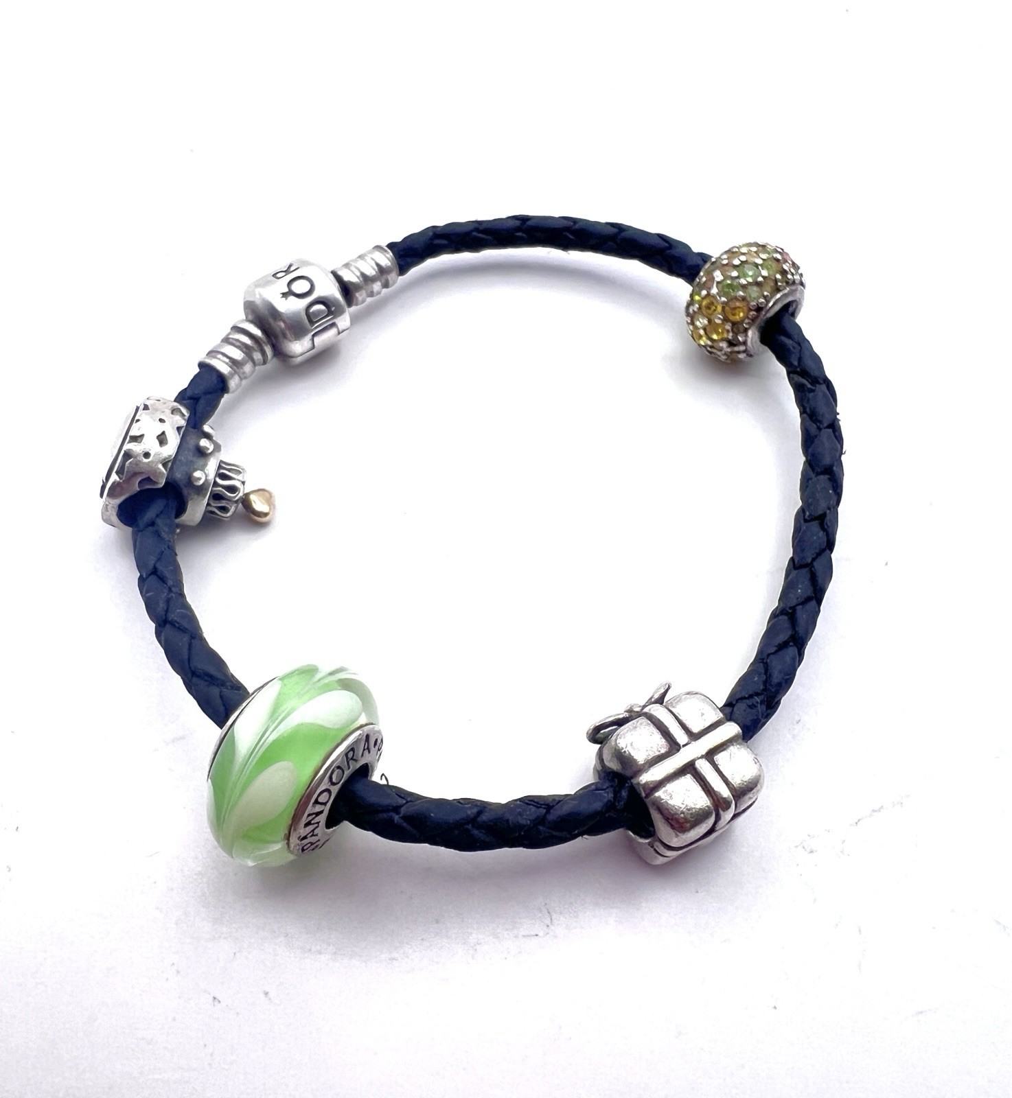 Pandora Black Leather Bracelet w/ 5 Charms Murano Glass & Sterling Silver
