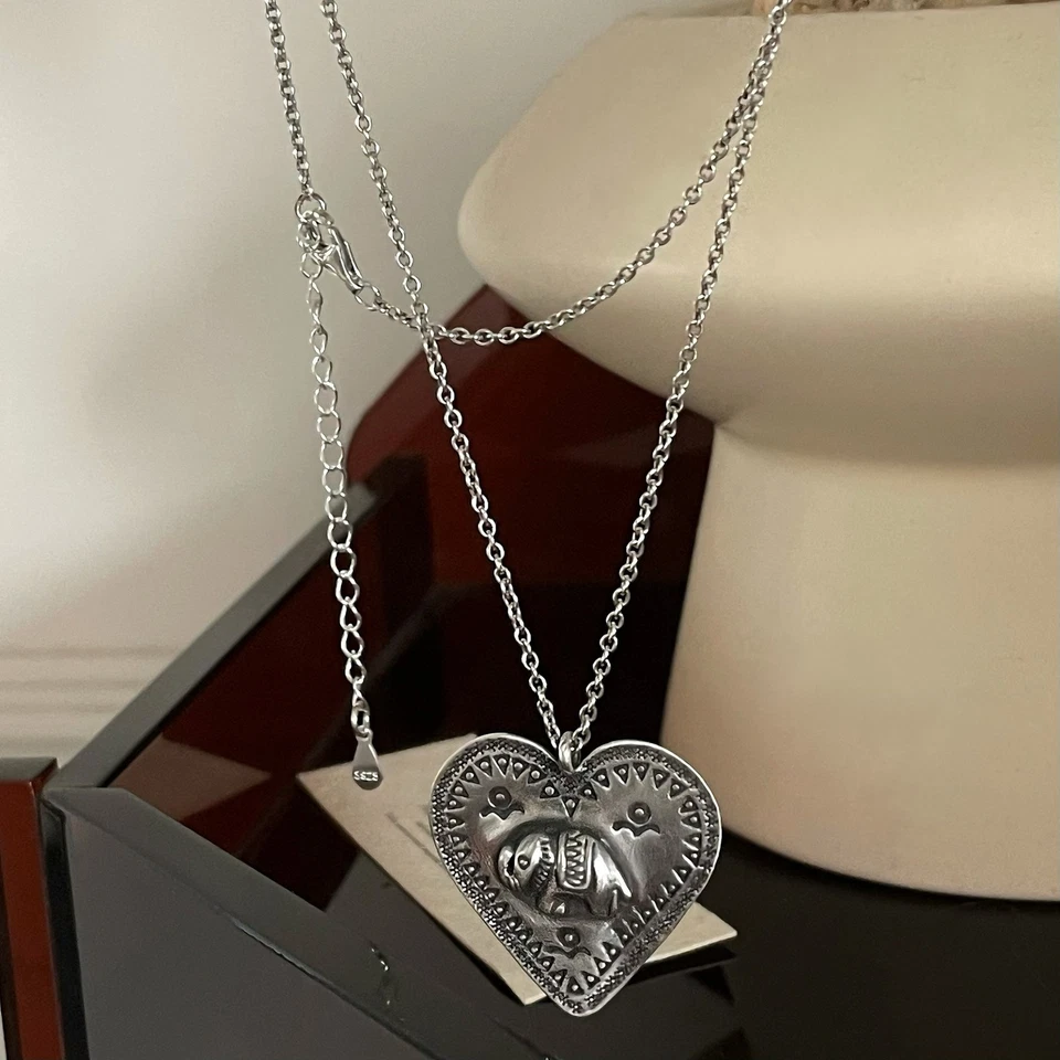 Collar llamativo vintage boho colgante corazón elefante plata S925 hecho a mano tailandés Foto 2 de 4