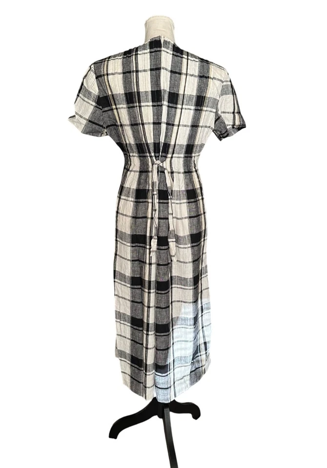 Vintage Black & White Plaid Dress Short Sleeve Midi Cotton Blend Back Tie Sz 14 - Image 2 of 4