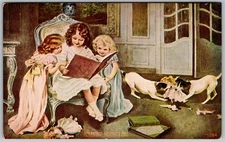 Antique Postcard Children Reading Victorian Parlor Scene Ironton, PA 1910s