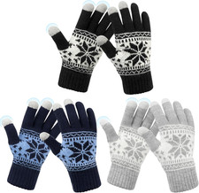 3 Pairs Touch Screen Gloves Snow Flower, Warm Knit Winter Gloves Christmas Gifts