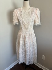 Vintage Gunne Sax Jessica McClintock 80s Pink Taffeta Lace Dress Puff Sleeve 14