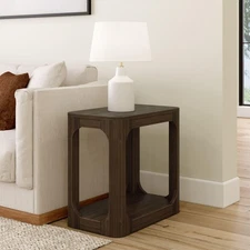 Modern Rounded Rectangular Side Table with Shelf, Solid Wood End Table for Li...