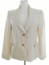 Preppy Blazer Beige White Striped Linen Shawl Collar Long Sleeve Pockets US 8
