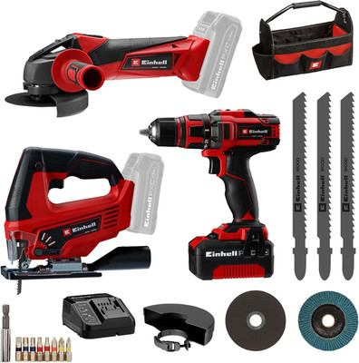Einhell Bohrschrauber TE-CD 18/40 Li + Winkelschleifer TC-AG 18/115 Li + Stichsä