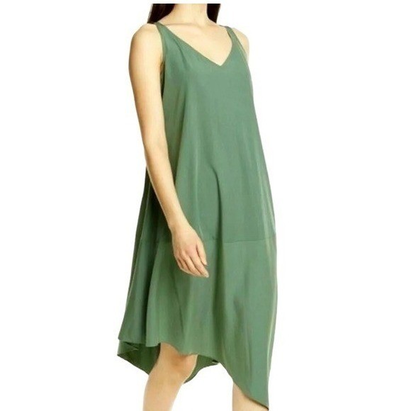 Eileen Fisher Green Tencel Blend V-Neck Asymmetrical Midi Shift Dress Womens S