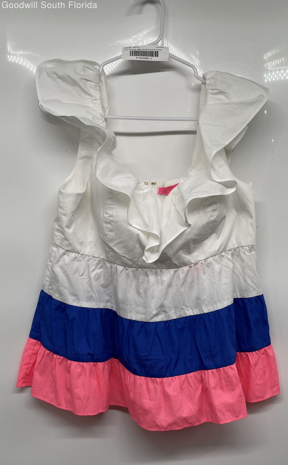 Lilly Pulitzer Womens White Blue Pink Colorblock Emie Ruffle Blouse Top ...