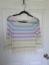 LOFT Petites XSP Pastel Striped Ramie Rayon Boat Neck 3/4 Sleeve Sweater