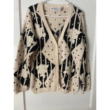 Eagles Eye Vintage Knit Cardigan Sweater Rose Floral Cream Black Polka Dot M