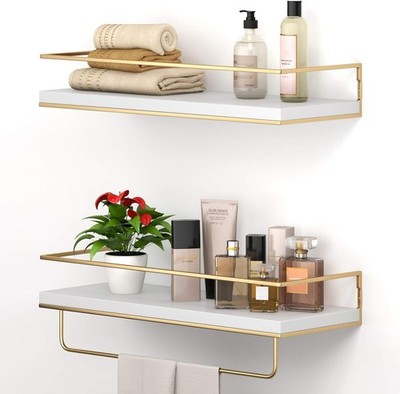 White Floating Shelves Set Of 2 Wall Mounted Hanging Shelves With Golden Towel R