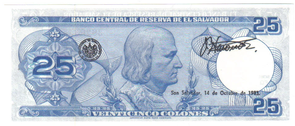 EL SALVADOR 25 COLONES 1983 PICK 136 UNC - Image 2 of 2