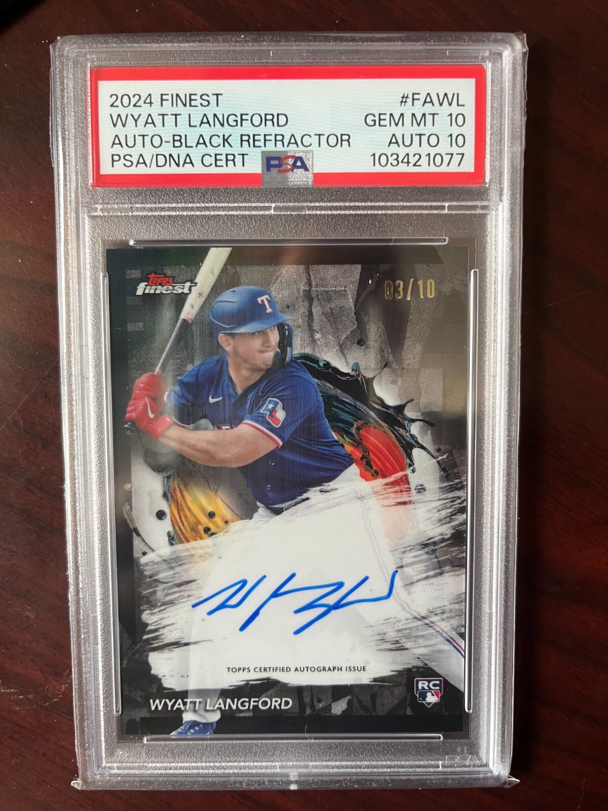 Wyatt Langford 2024 Topps Finest RC Auto Black /10 Texas Rangers PSA 10